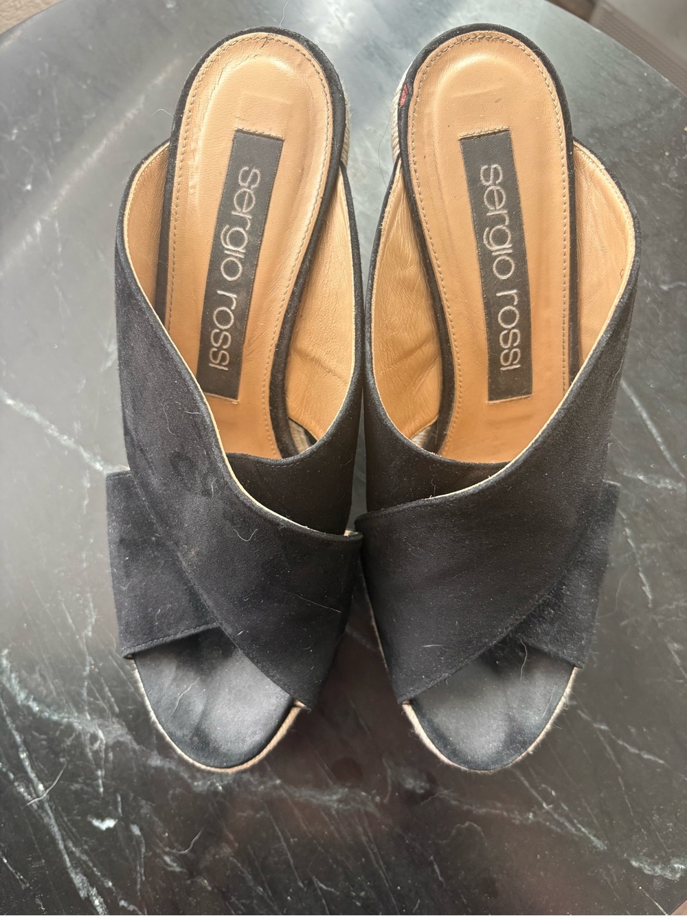 Sergio Rossi Black Suede Espadrille Wedge Mules - Picture 7 of 7